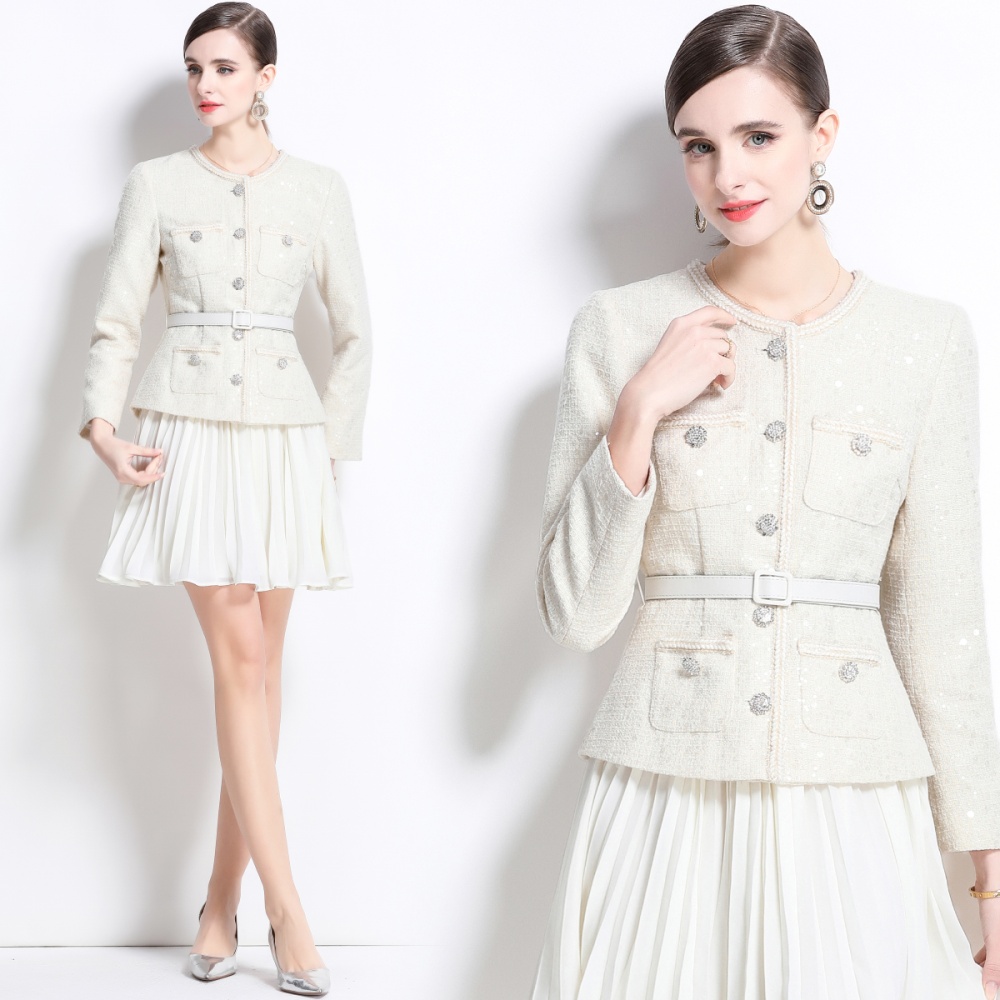 Commuting pleated temperament woolen splice Pseudo-two dress