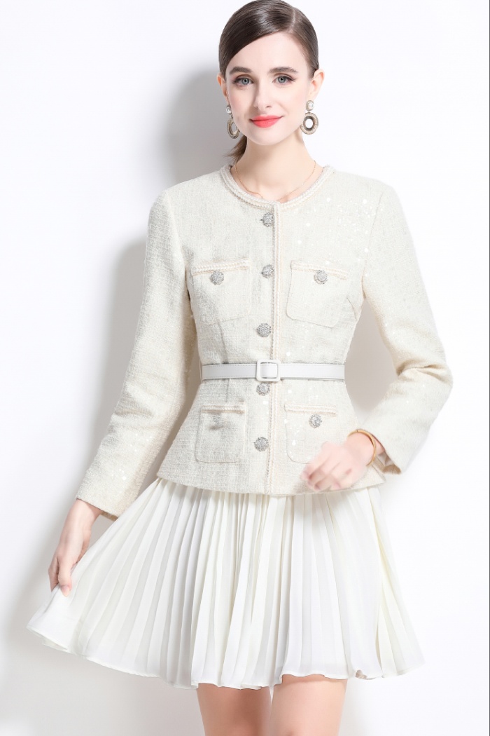 Commuting pleated temperament woolen splice Pseudo-two dress