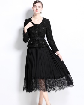 Ladies gauze chanelstyle T-back Pseudo-two lace dress