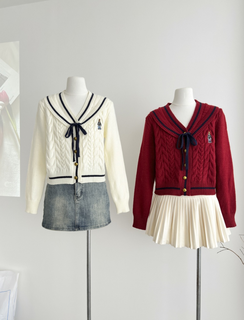 Bow autumn and winter cardigan knitted tops for women