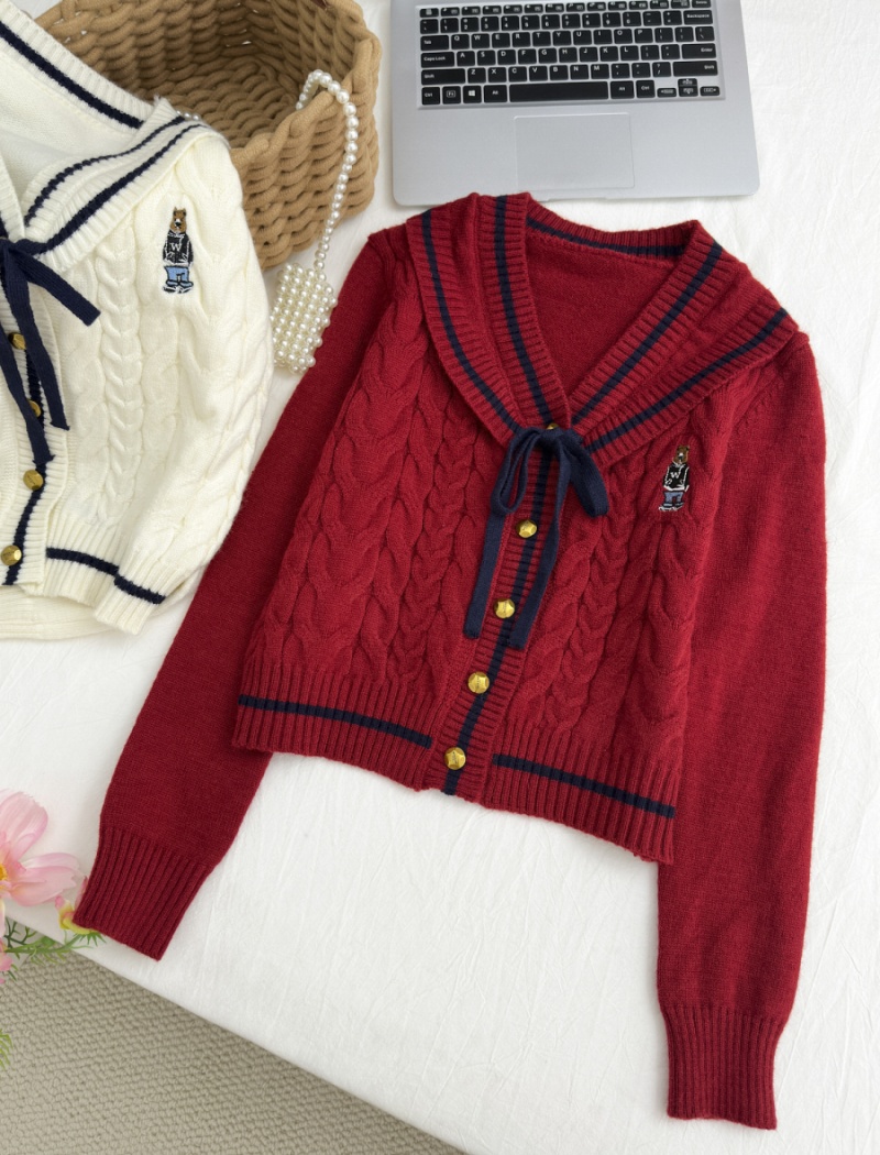 Bow autumn and winter cardigan knitted tops for women