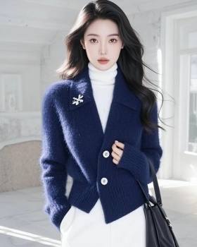 Knitted lazy mohair coat navy-blue wears outside sweater