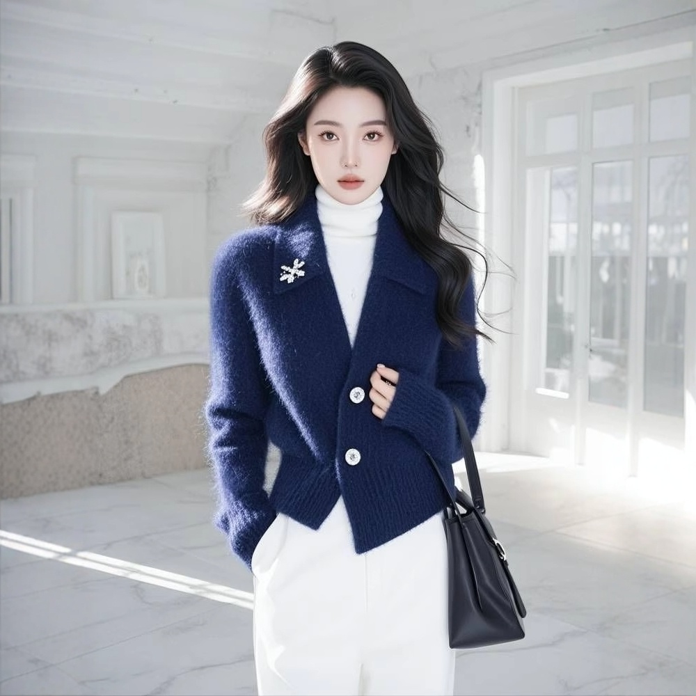 Knitted lazy mohair coat navy-blue wears outside sweater