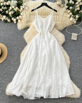 V-neck white long dress lady vacation dress