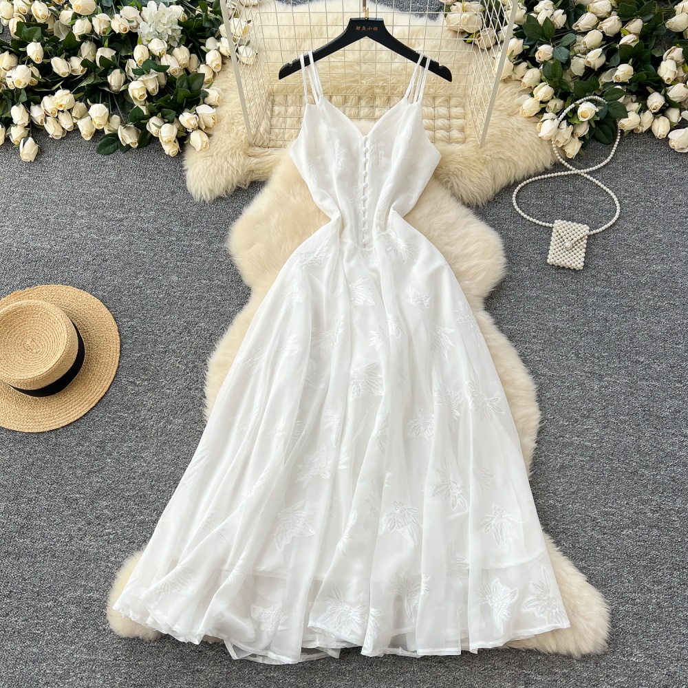 V-neck white long dress lady vacation dress