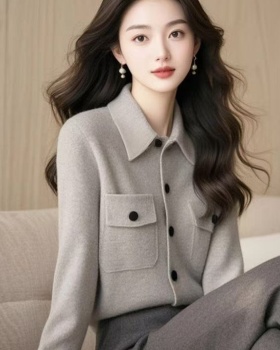 Lapel light temperament tops gray Korean style knitted coat