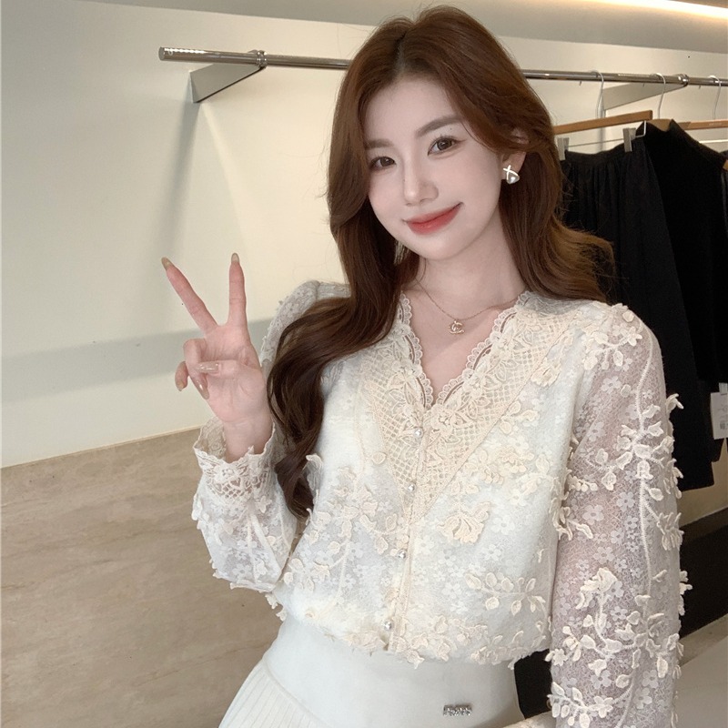 Crochet lace shirts embroidery bottoming shirt for women