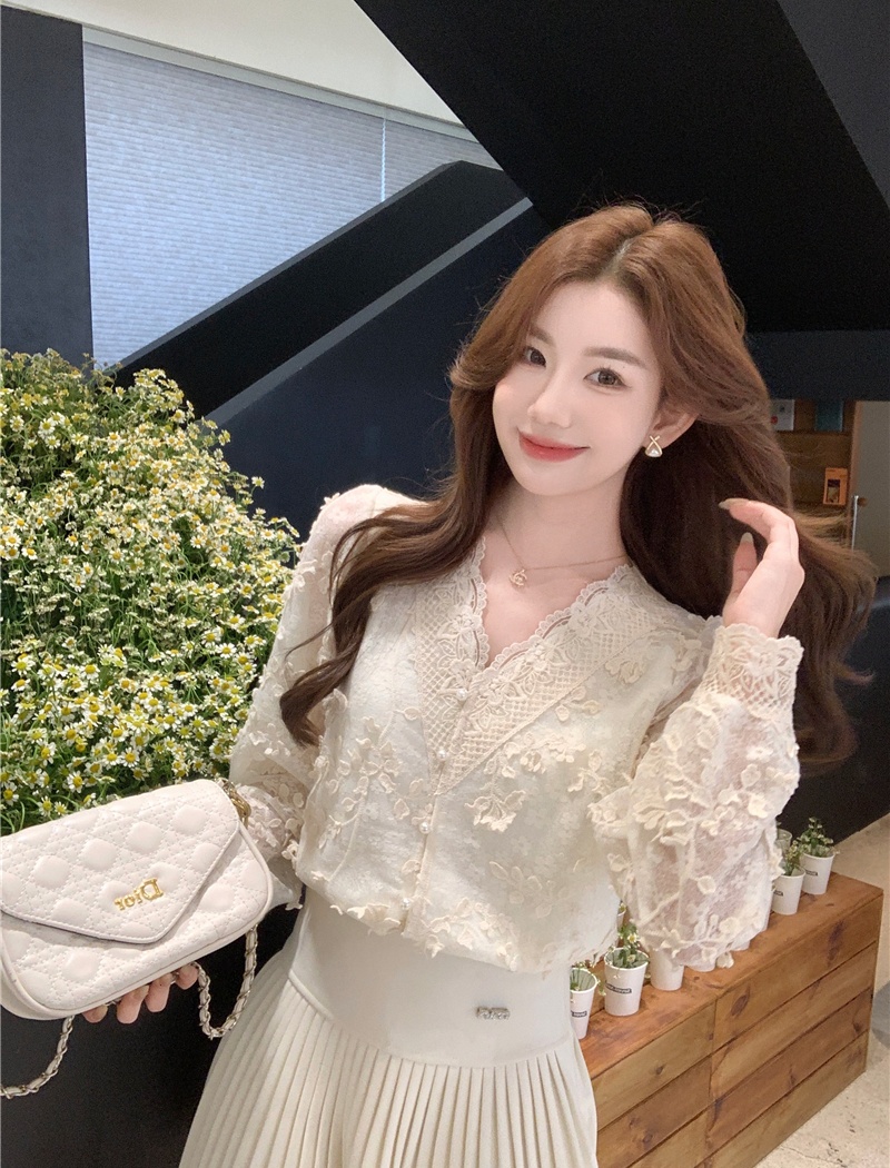 Crochet lace shirts embroidery bottoming shirt for women