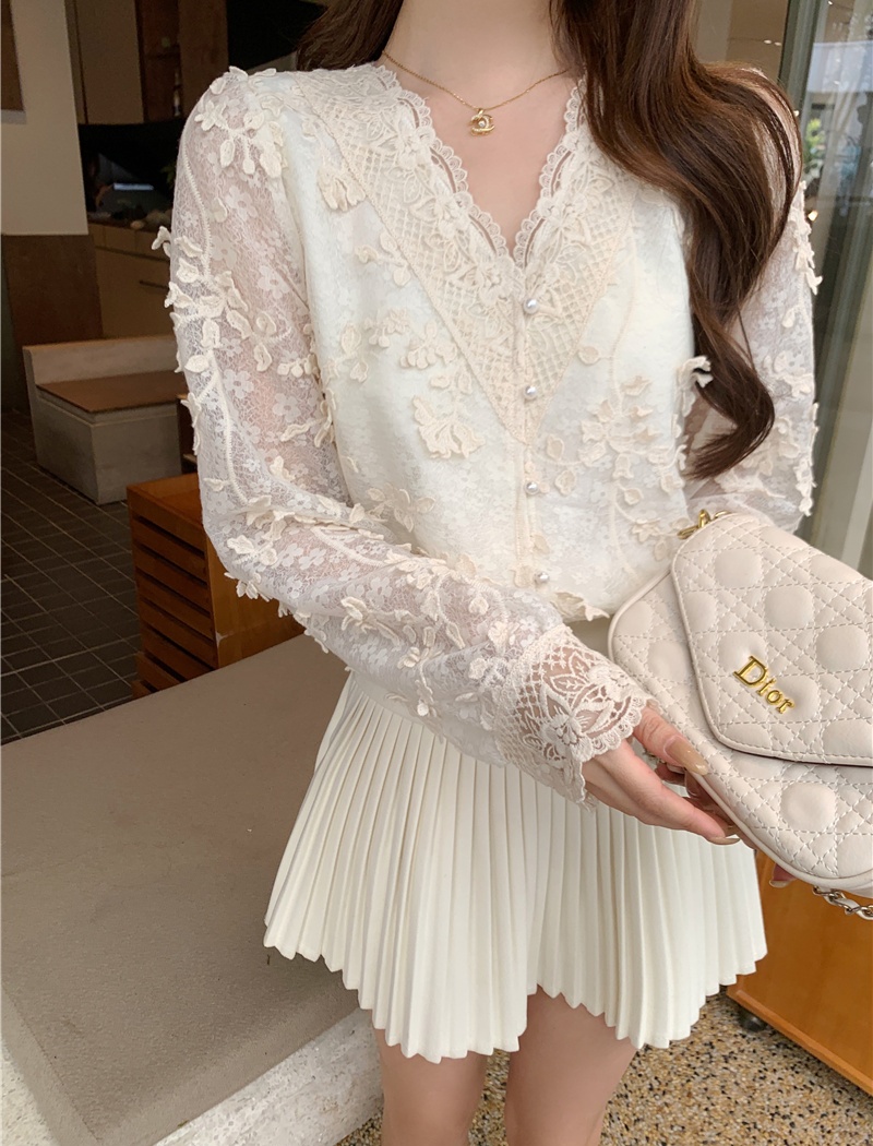 Crochet lace shirts embroidery bottoming shirt for women