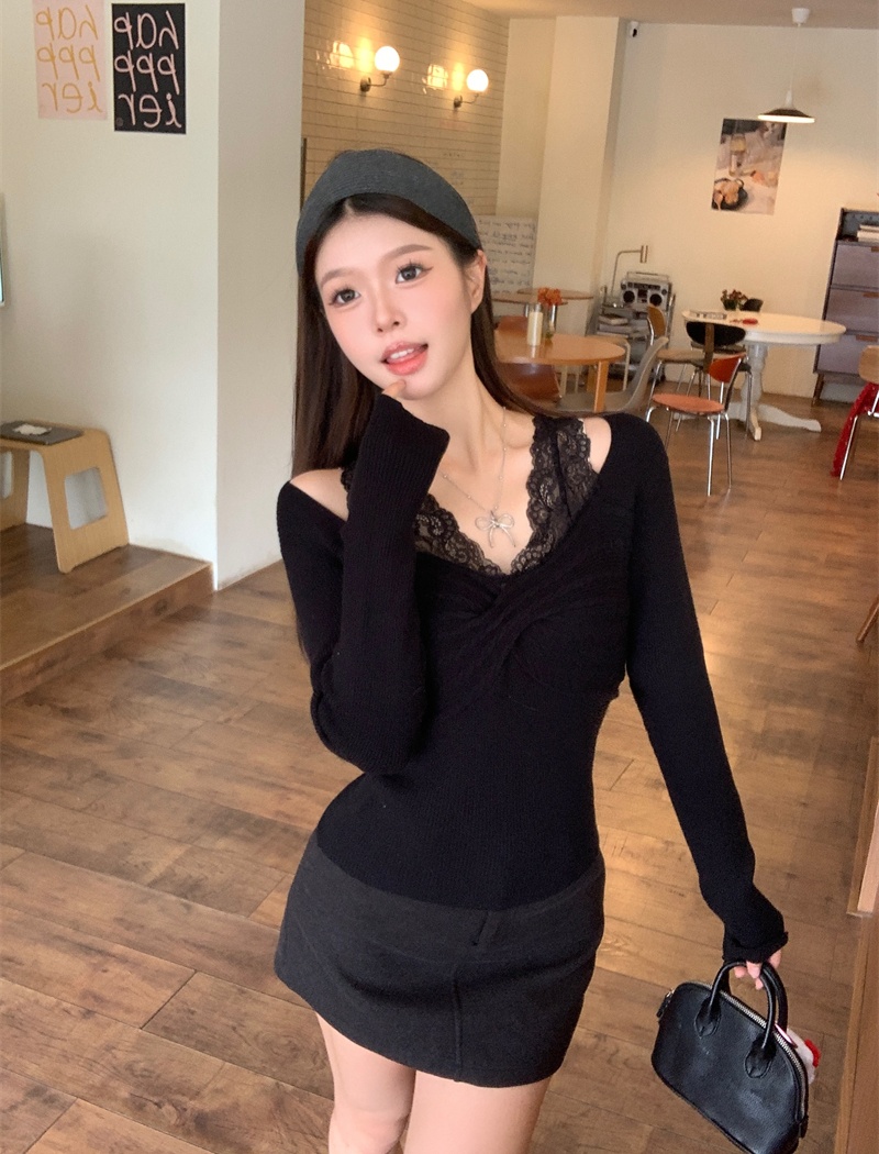 Lace bottoming tops long sleeve V-neck sweater for women