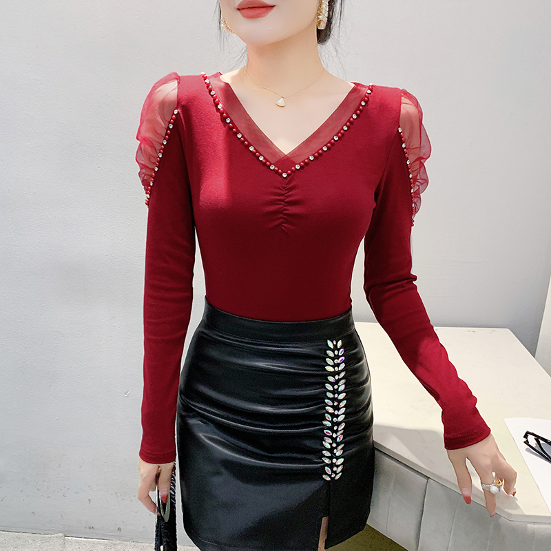 Rhinestone unique long sleeve tops for women