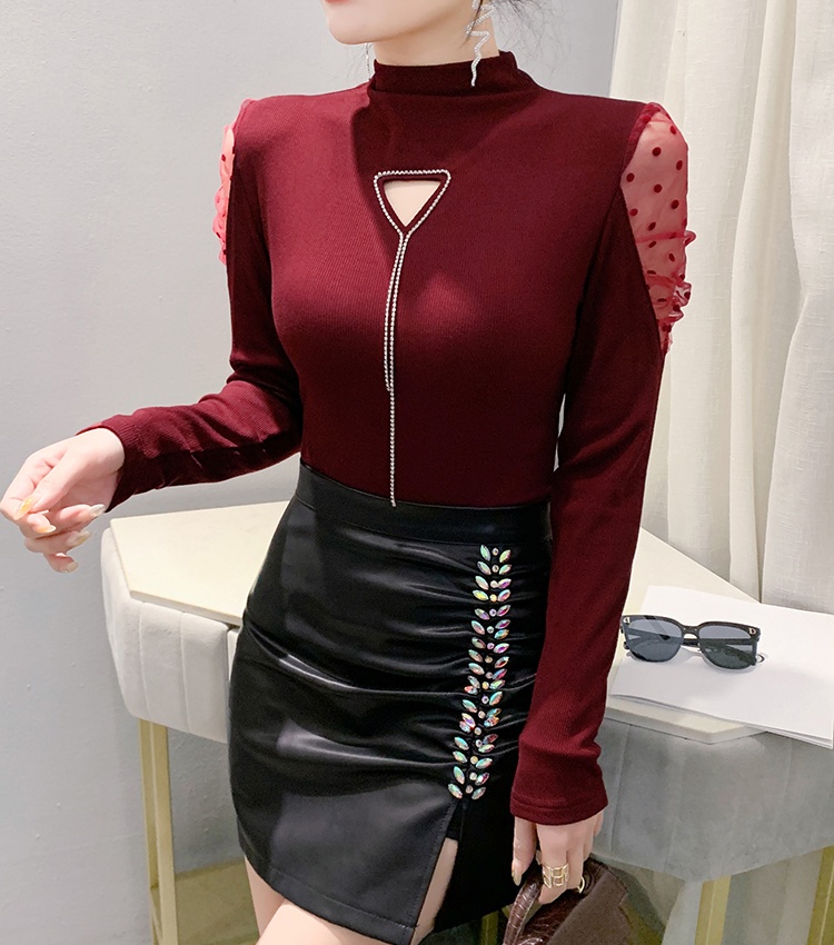 Triangle diamond half high collar unique long sleeve tops