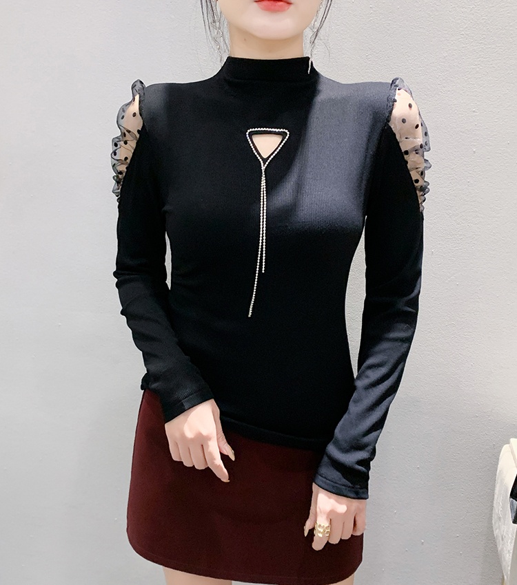 Triangle diamond half high collar unique long sleeve tops