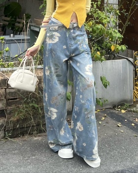 Large yard denim printing casual loose long pants for women