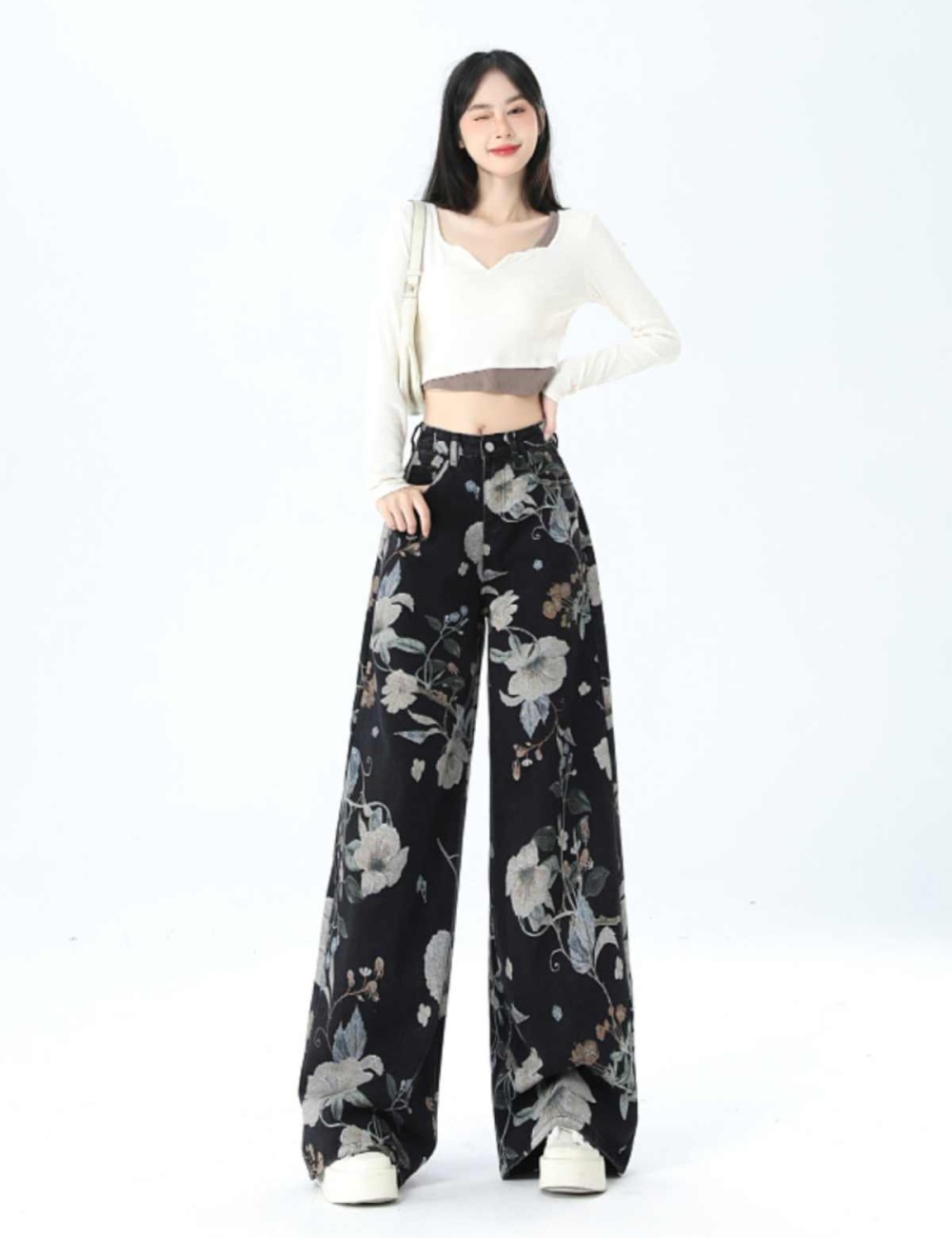 Large yard denim printing casual loose long pants for women