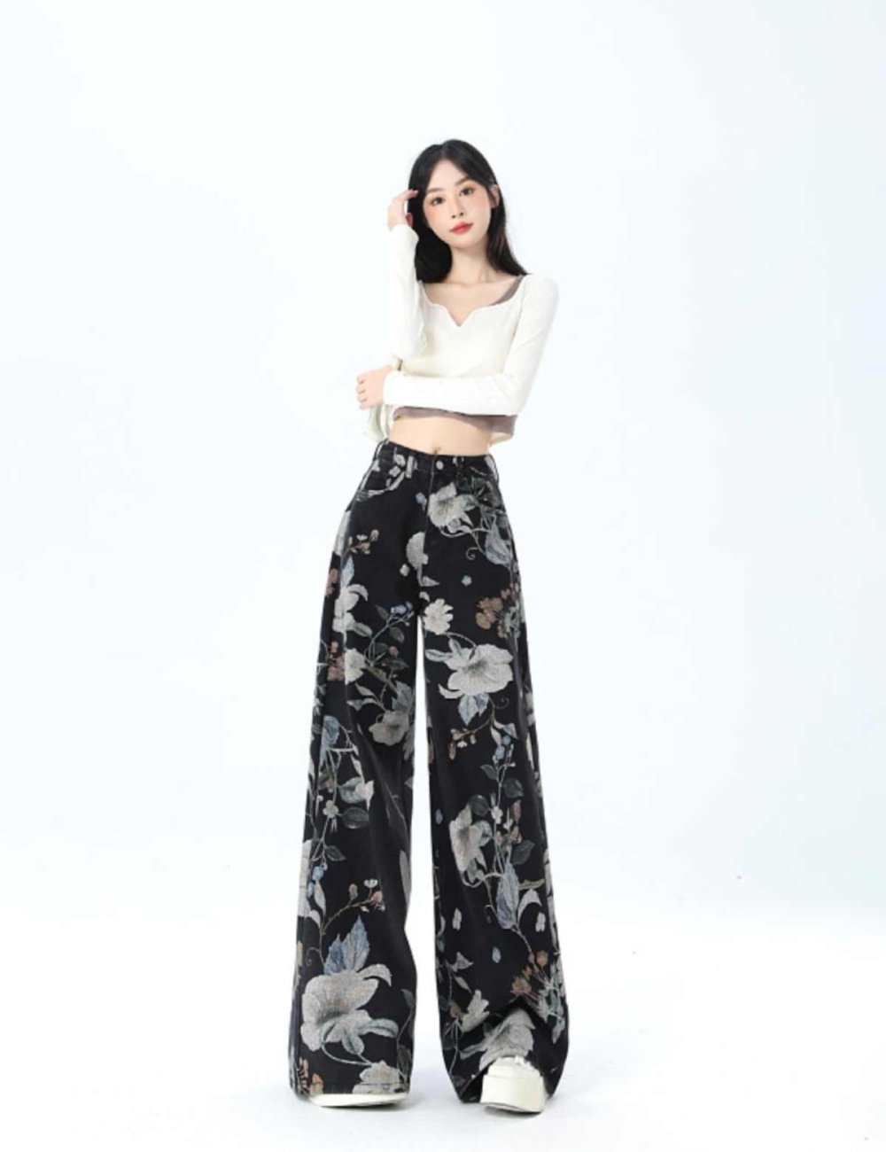 Large yard denim printing casual loose long pants for women