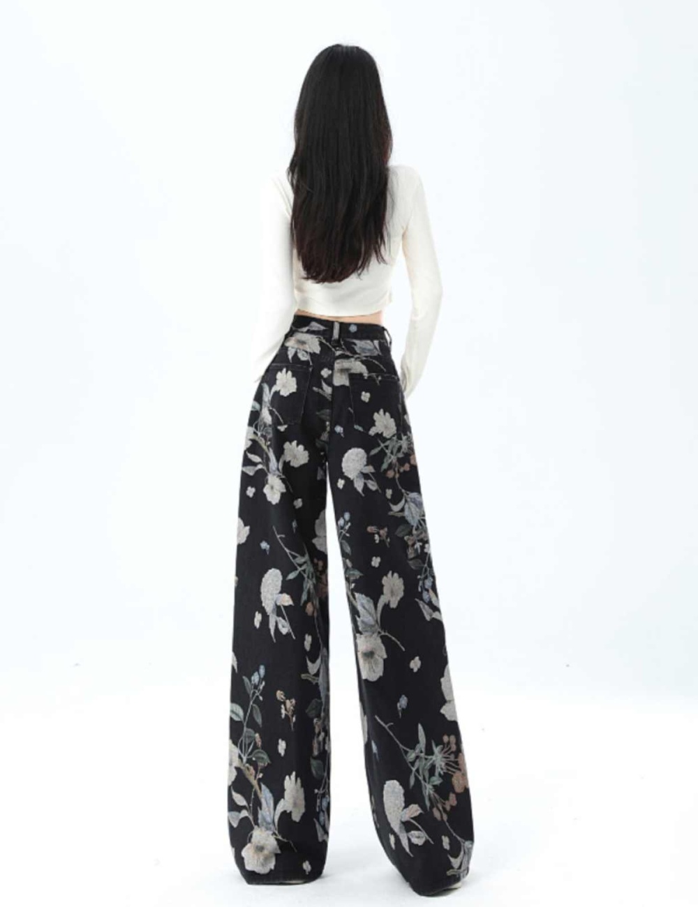 Large yard denim printing casual loose long pants for women