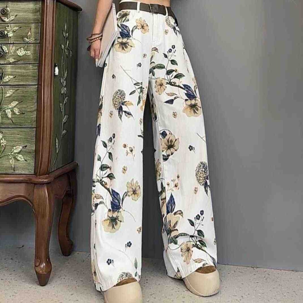 Large yard denim printing casual loose long pants for women