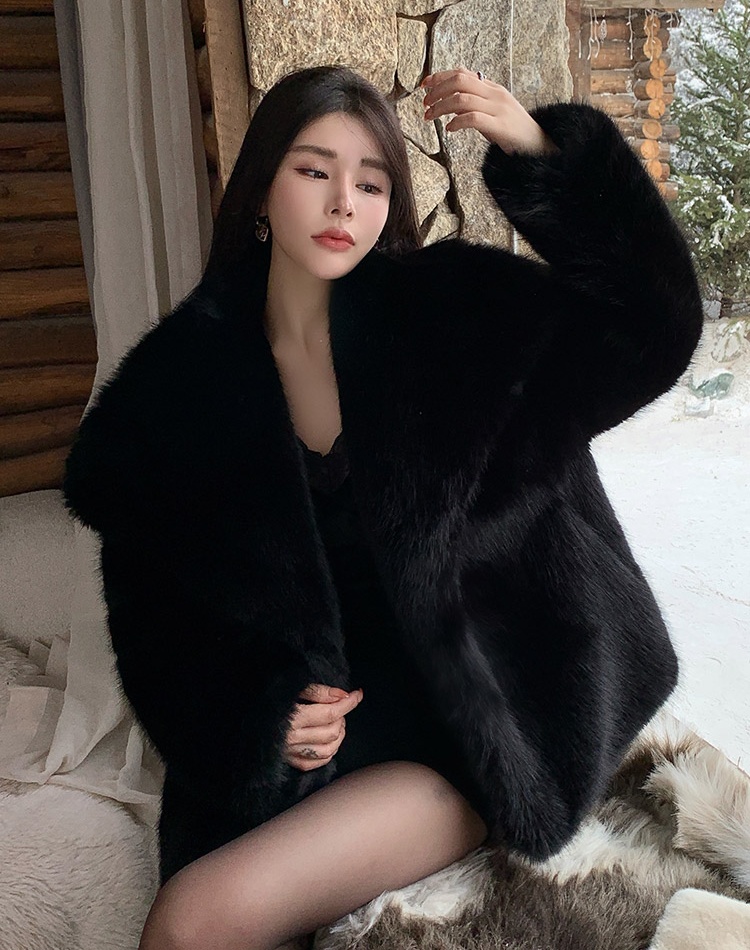 Elmo lapel fox fur tops winter light mink fur coat