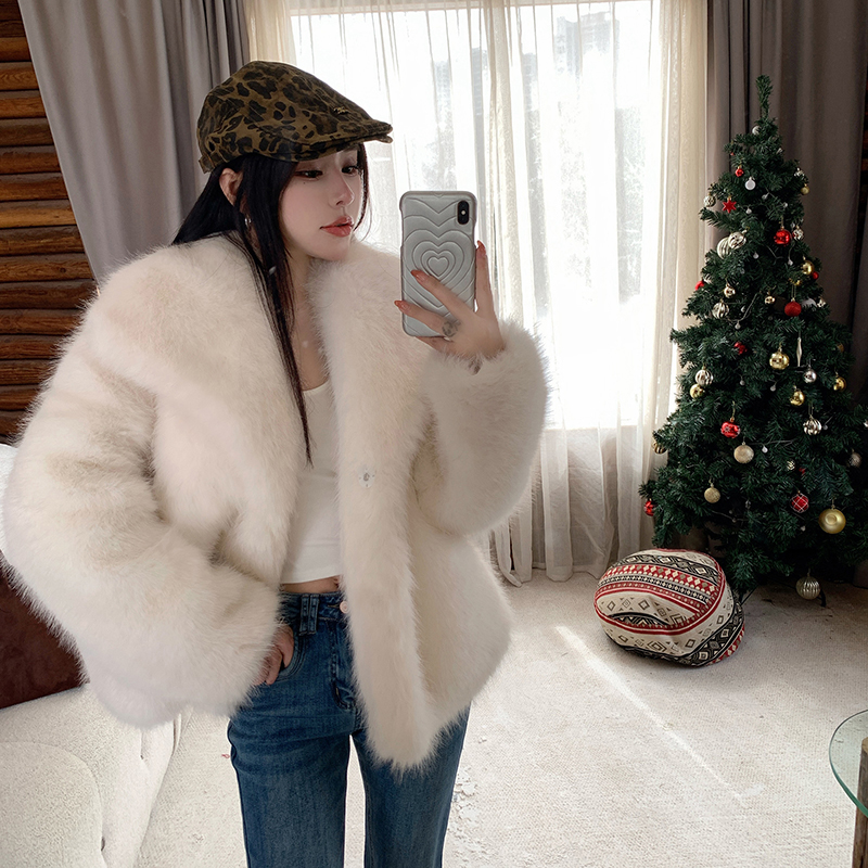 Elmo lapel fox fur tops winter light mink fur coat