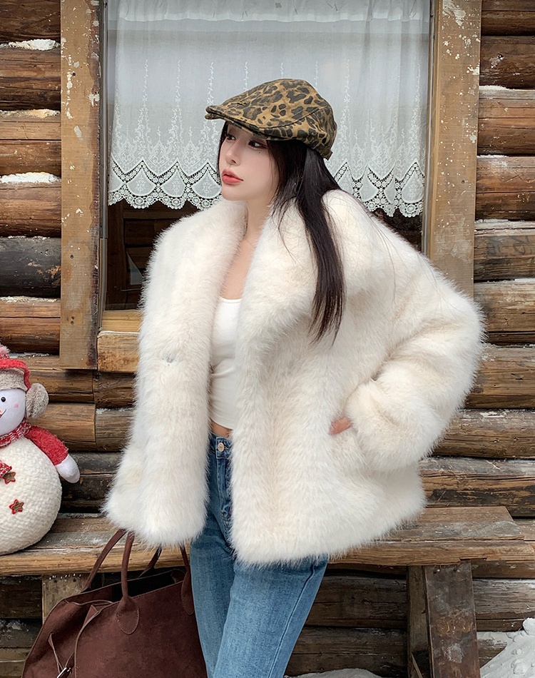 Elmo lapel fox fur tops winter light mink fur coat