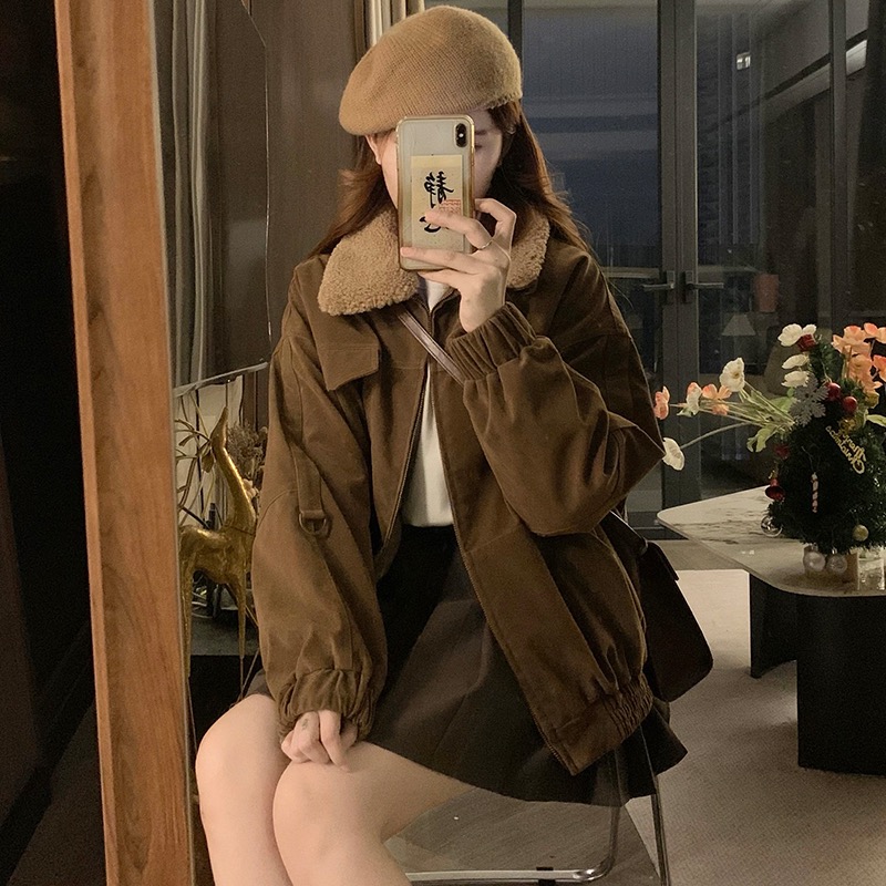 Suede winter retro cotton coat loose thick coat for women