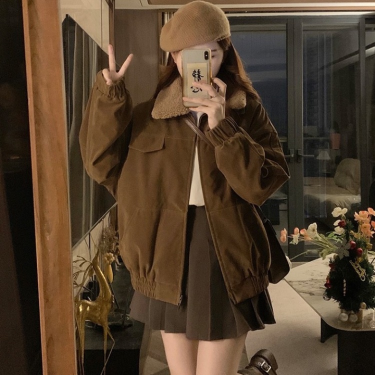 Suede winter retro cotton coat loose thick coat for women