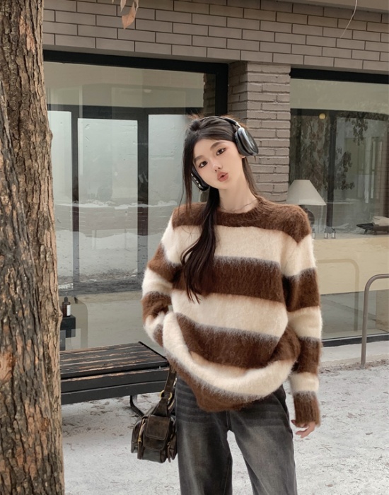 Knitted slim pullover sweater stripe round neck long tops