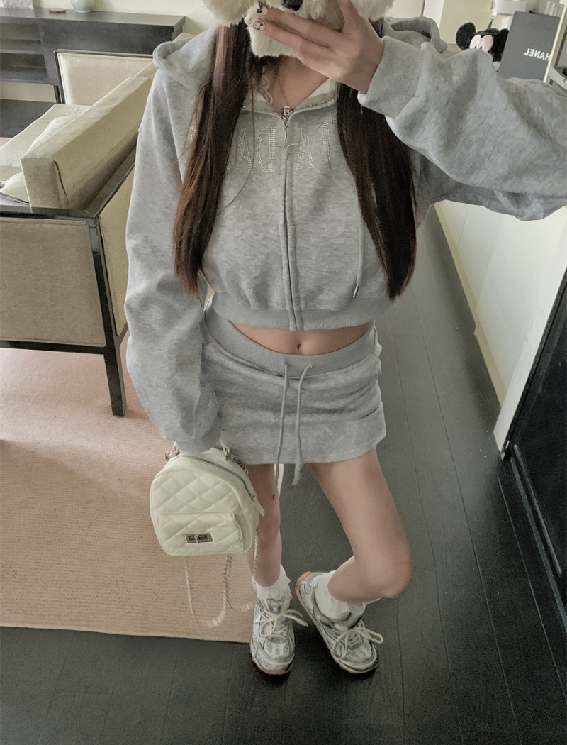 Letters rhinestone American style retro short gray hooded coat