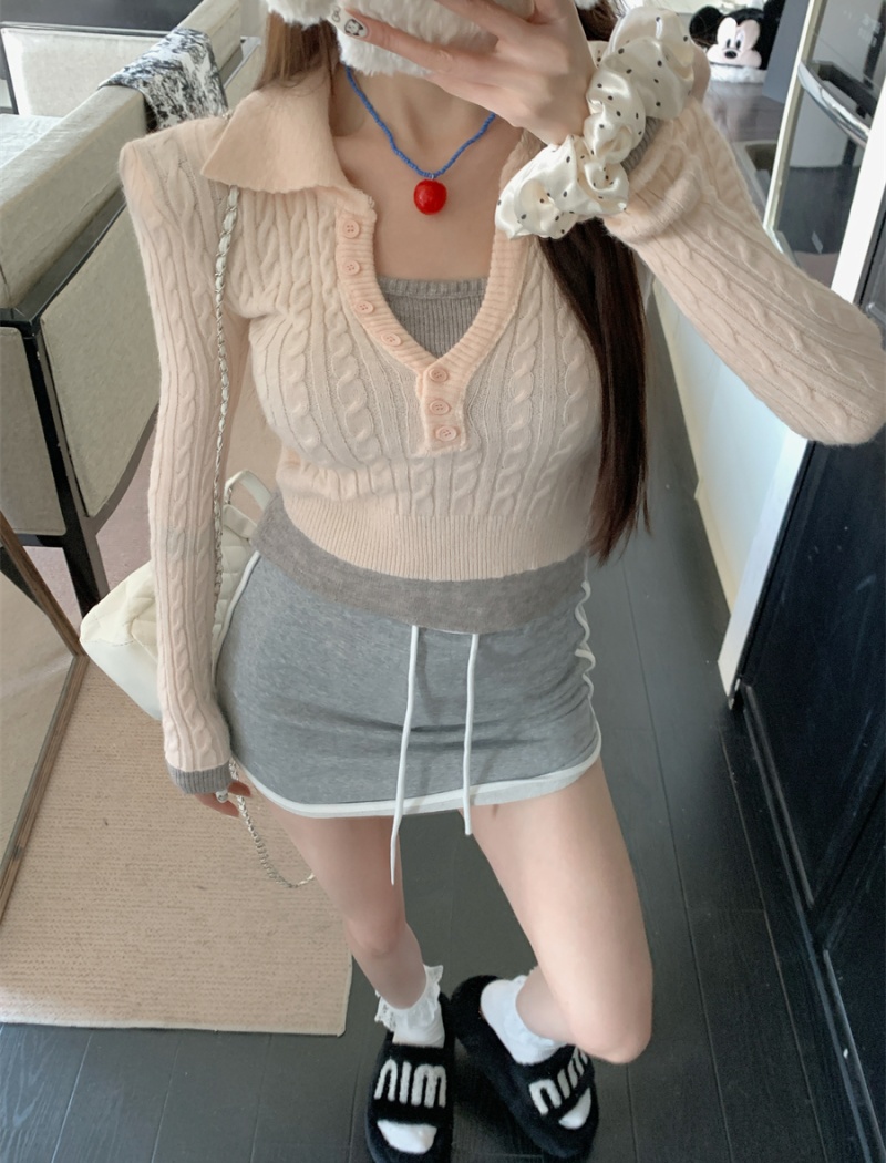 Pseudo-two slim tops winter mixed colors sweater