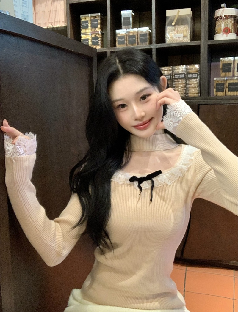 Bow long sleeve lace enticement all-match bottoming shirt