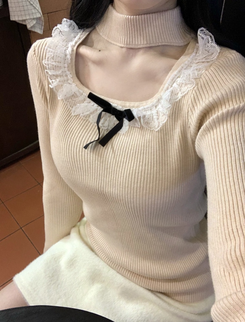 Bow long sleeve lace enticement all-match bottoming shirt