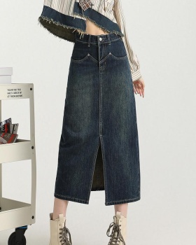 Denim package hip long retro slim split skirt