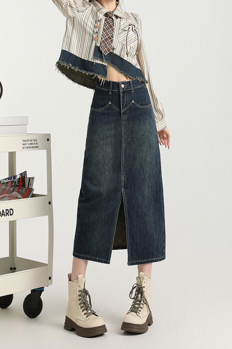 Denim package hip long retro slim split skirt