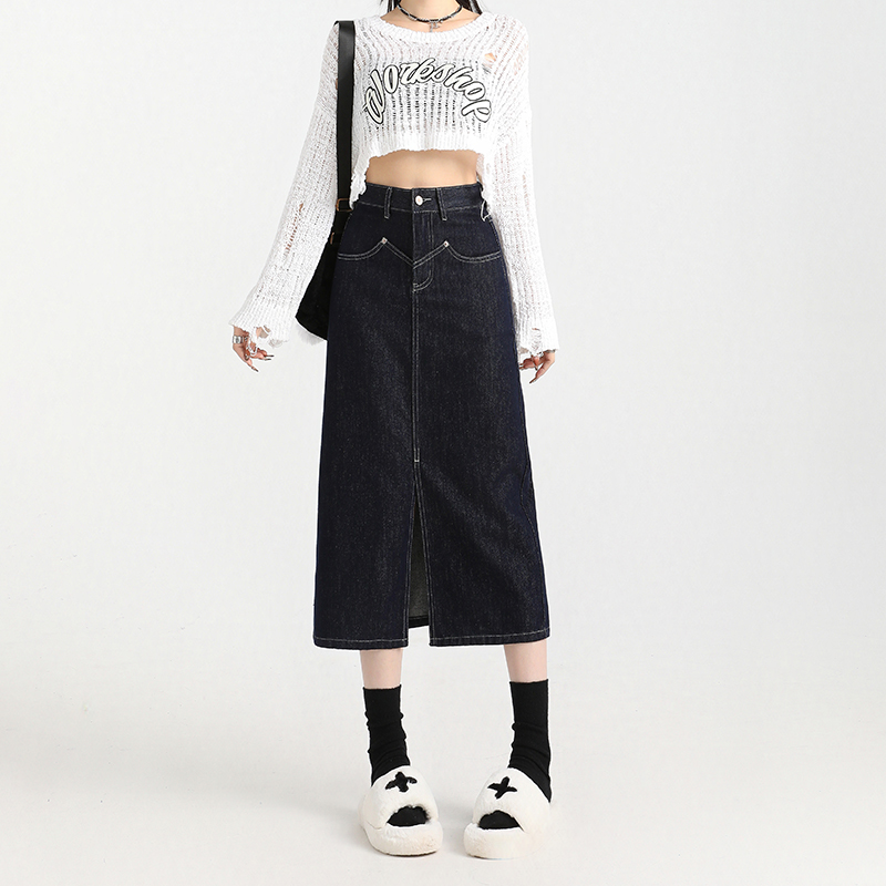 Denim package hip long retro slim split skirt