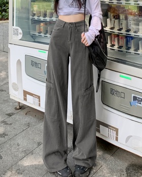 Spring gray high waist jeans straight retro work pants