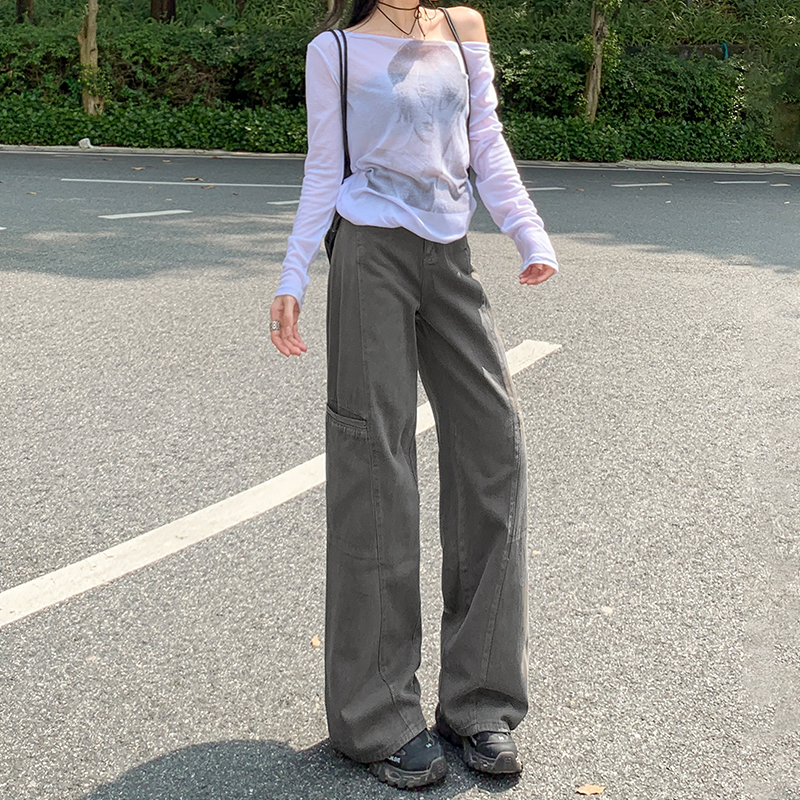 Spring gray high waist jeans straight retro work pants