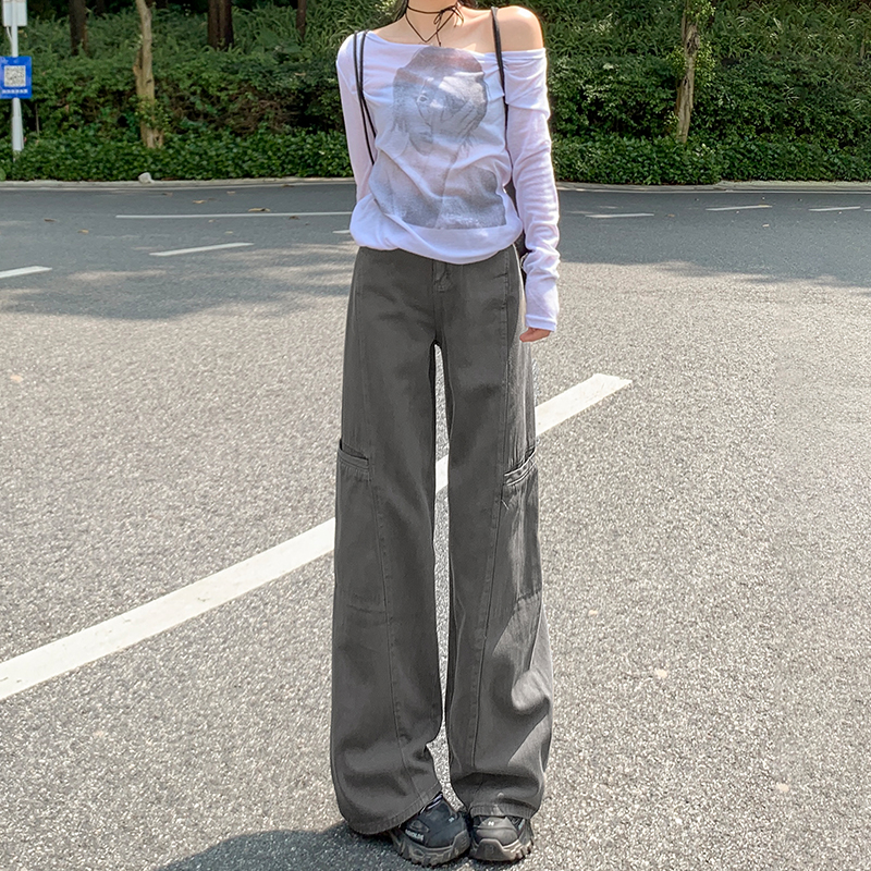 Spring gray high waist jeans straight retro work pants