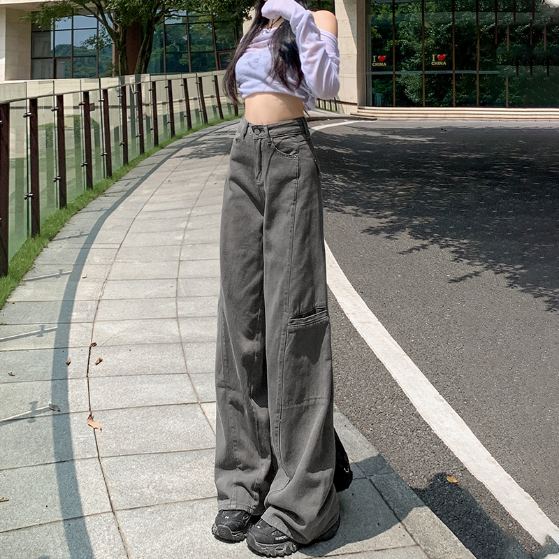 Spring gray high waist jeans straight retro work pants