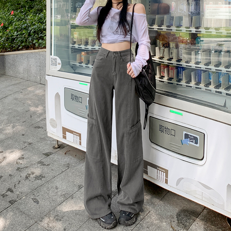 Spring gray high waist jeans straight retro work pants