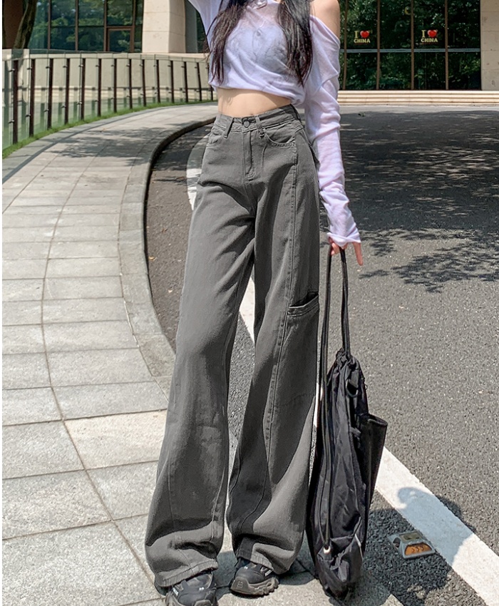 Spring gray high waist jeans straight retro work pants