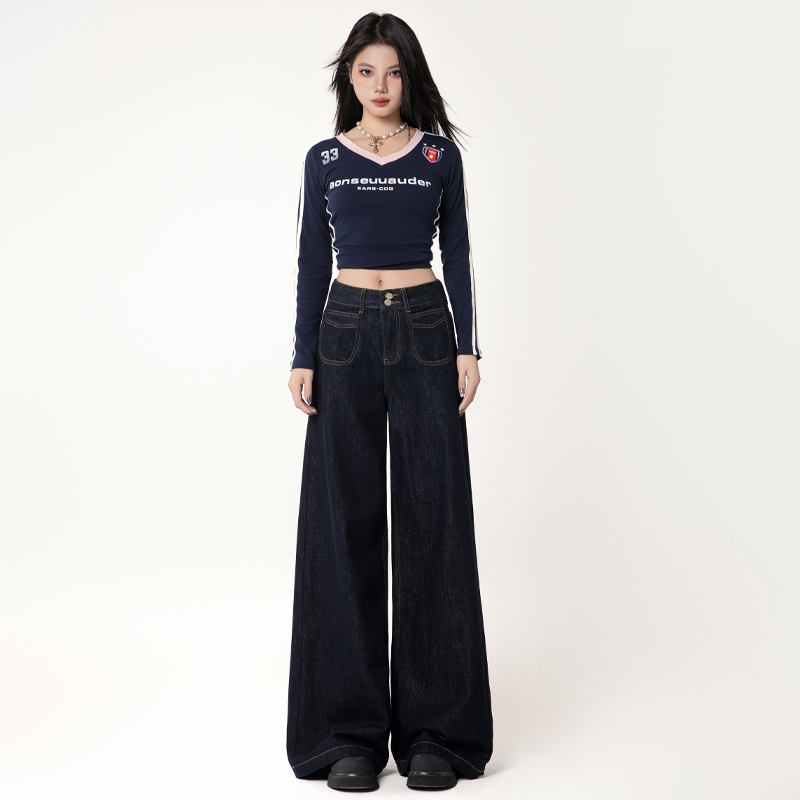 Loose straight jeans retro wide leg pants for women