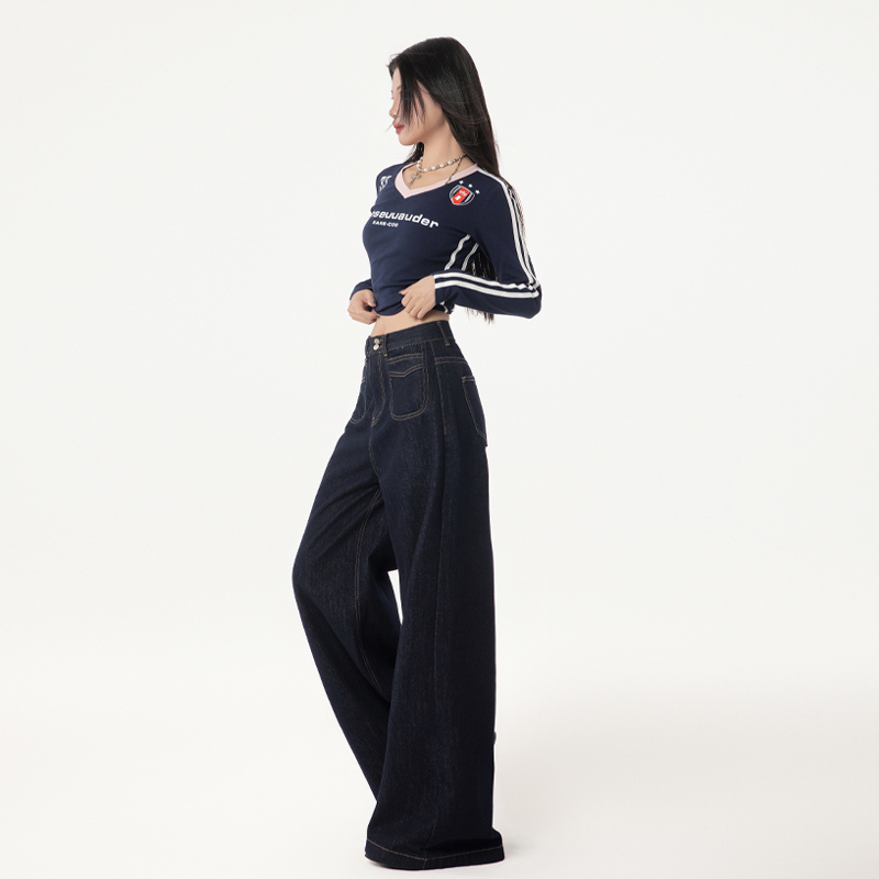 Loose straight jeans retro wide leg pants for women