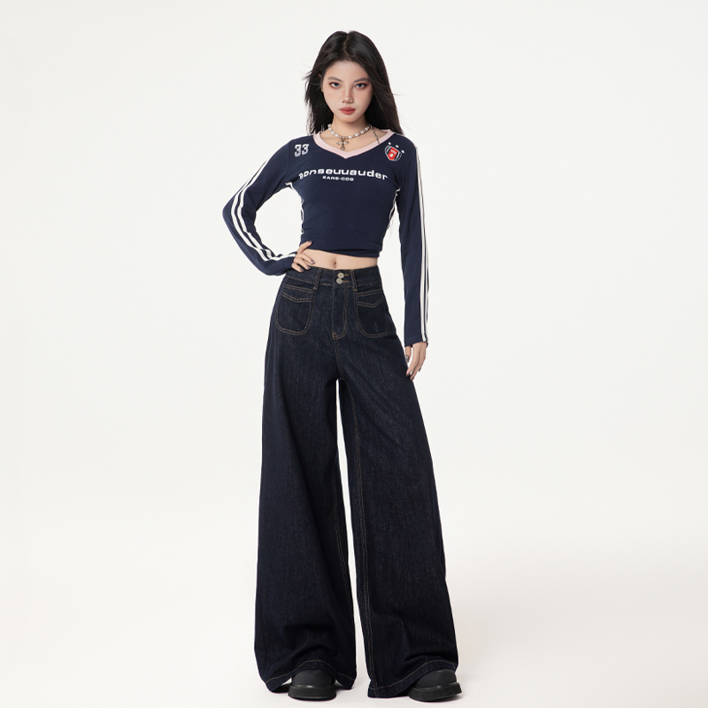 Loose straight jeans retro wide leg pants for women