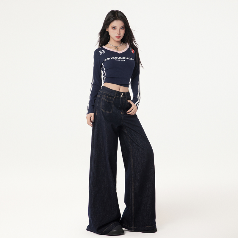 Loose straight jeans retro wide leg pants for women