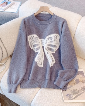 Loose patch thick thermal bow retro lace sweater for women