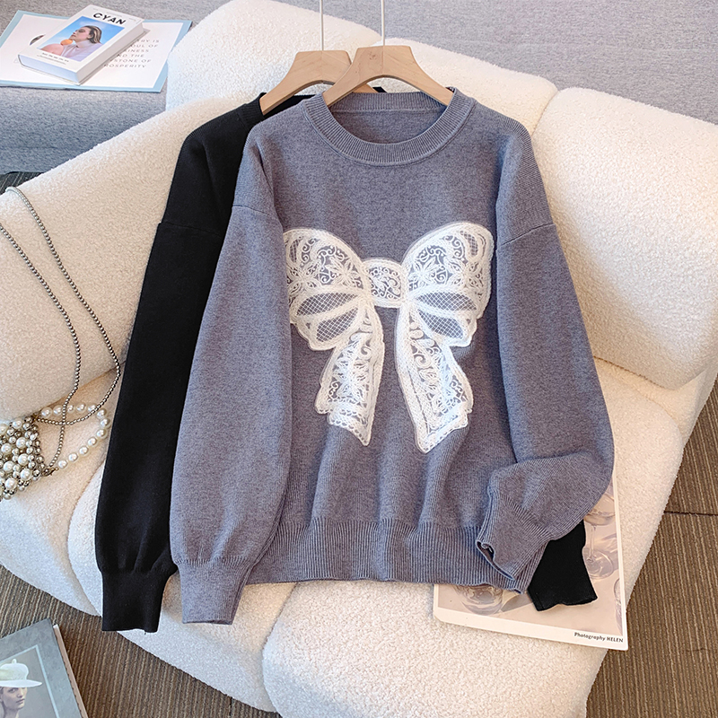 Loose patch thick thermal bow retro lace sweater for women