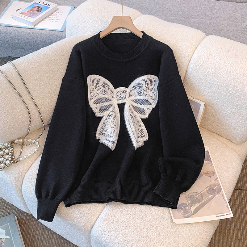 Loose patch thick thermal bow retro lace sweater for women