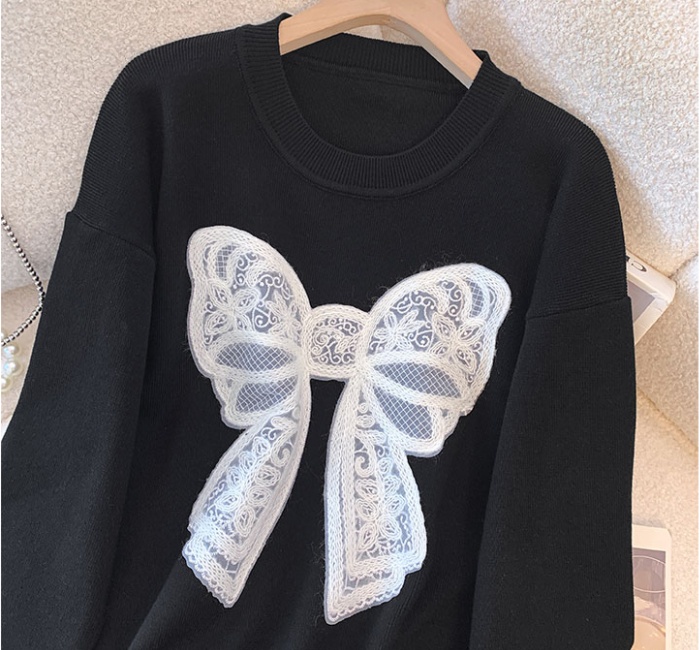 Loose patch thick thermal bow retro lace sweater for women