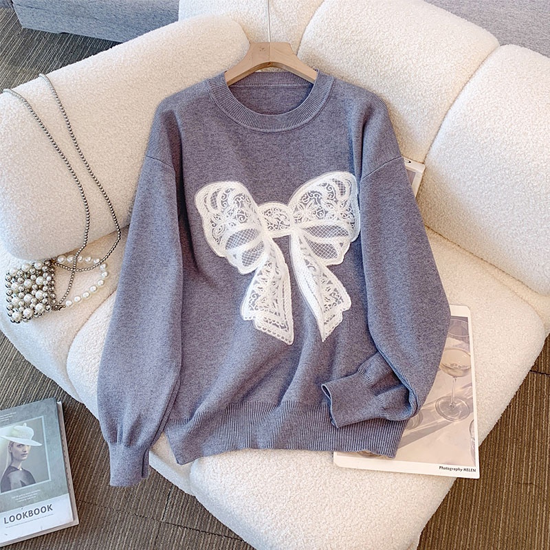 Loose patch thick thermal bow retro lace sweater for women